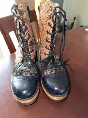 Spring Step Multi-Color Lace-Up Floral Embossed Leather Boots